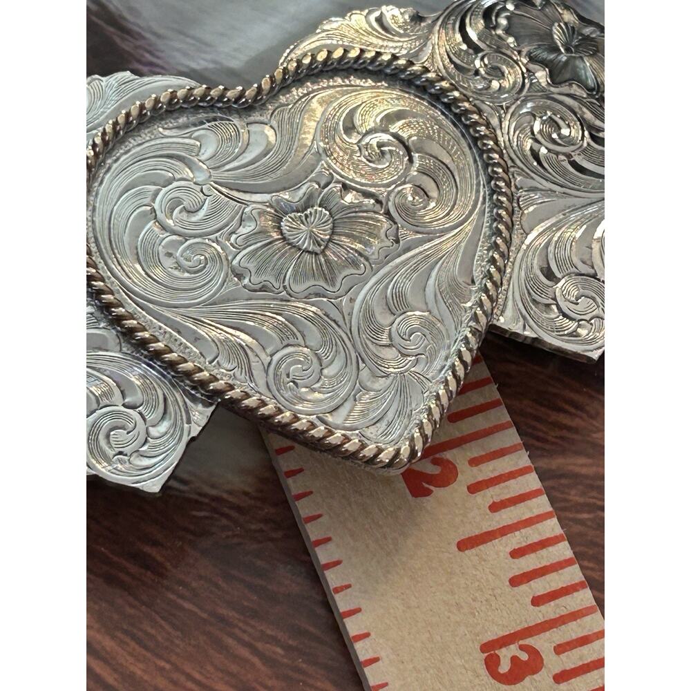 Sterling Silver Plate Montana Silversmiths Triple Heart Belt Buckle Western - Picture 5 of 10